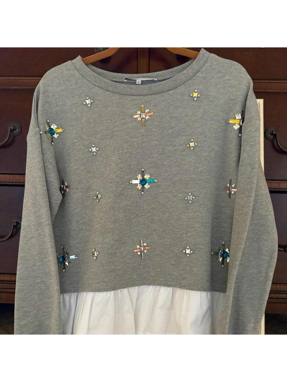 English Factory long sleeve crew neck sweatshirt w jewel embellishments S NWOT